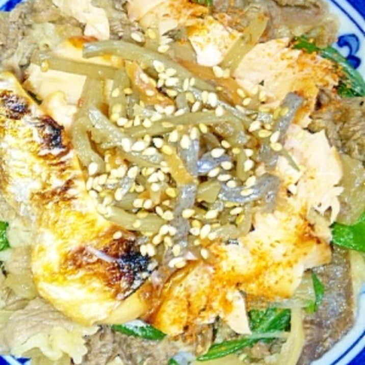美味!牛鮭ごまきんレタス丼